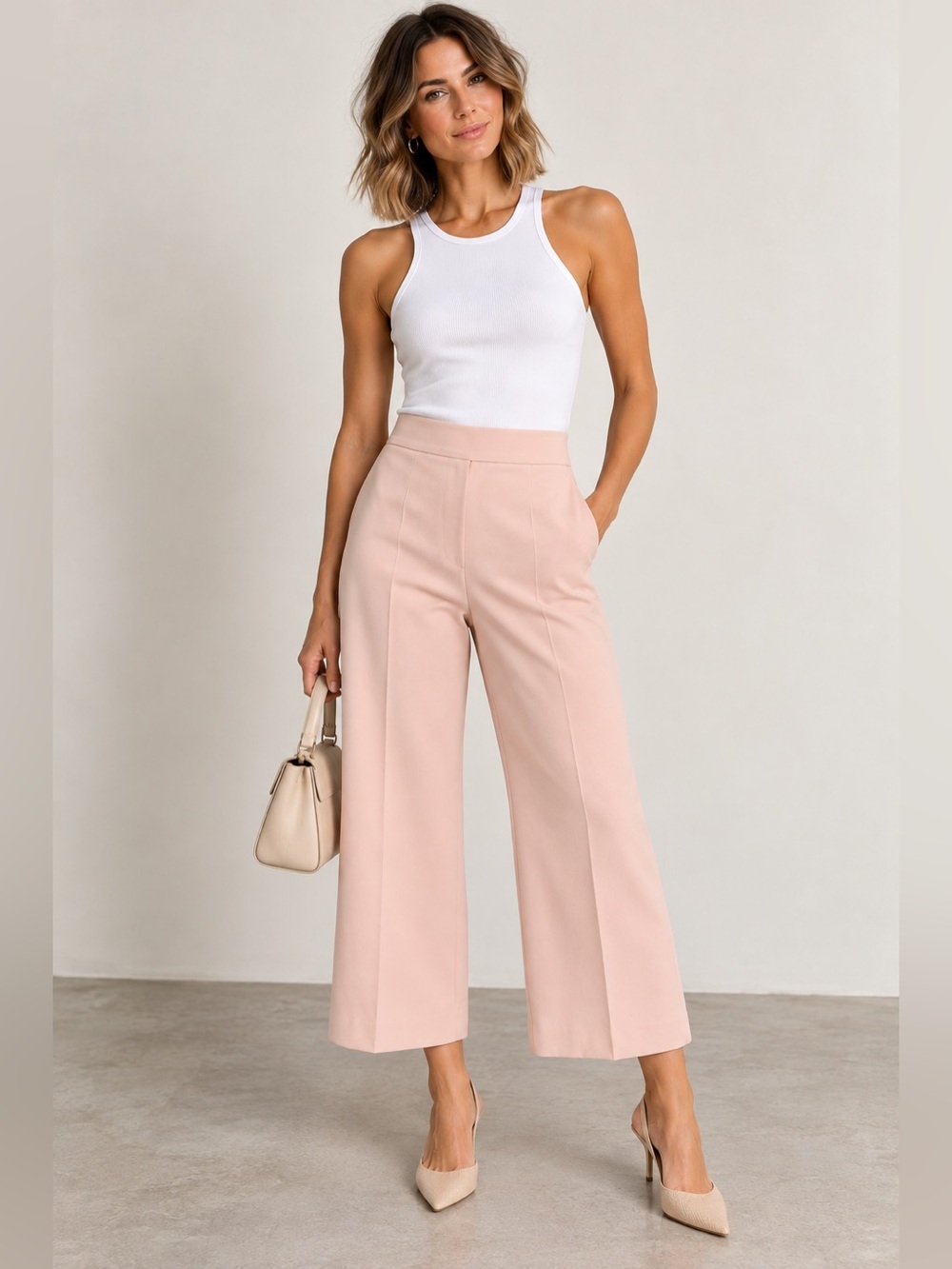 Mango Charles Blush Pink Cropped Wide Leg Trousers Size L NWT